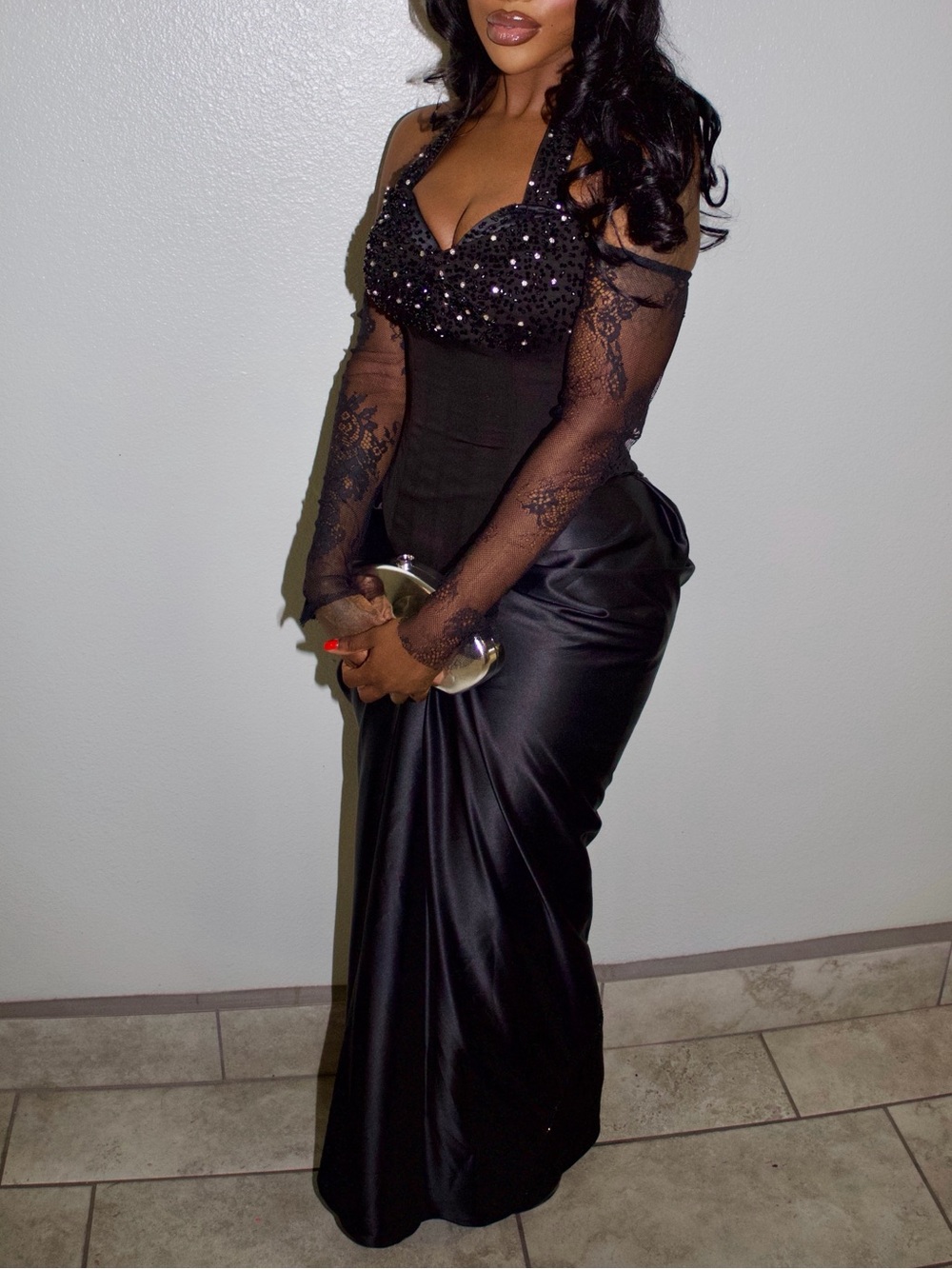 Black Lace Beaded Halter Evening Dress - Women